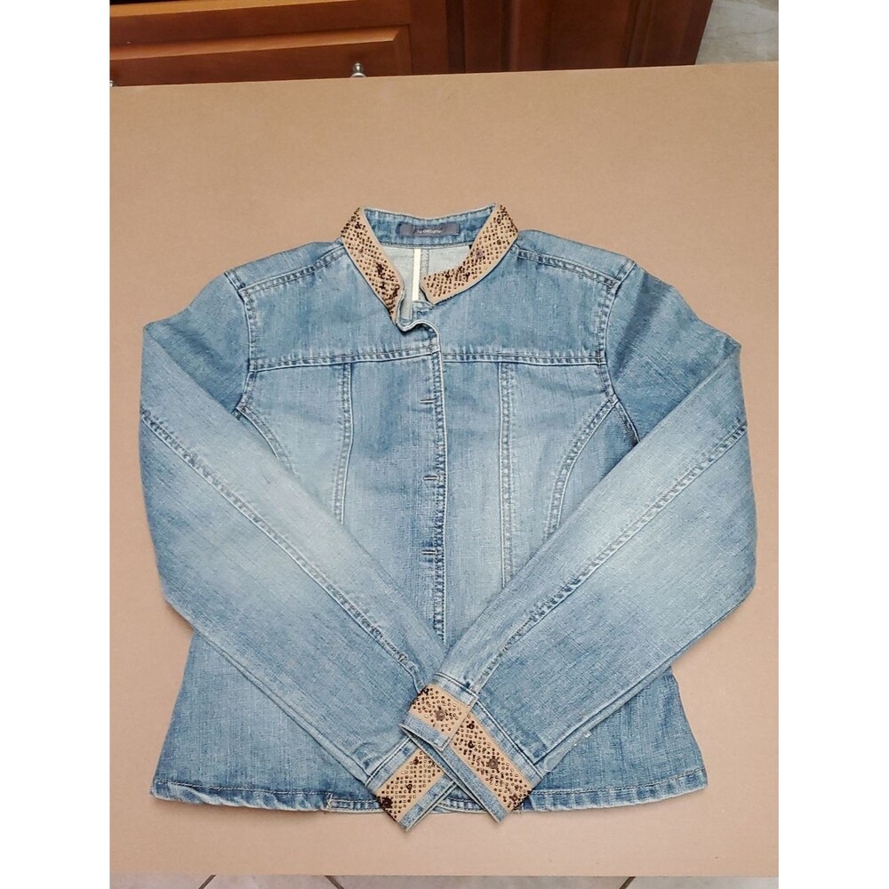 Liz Claiborne Cotton Blue Jean Denim Snap Up Jacket Rhinestone Embellishment